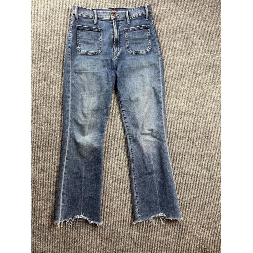 Mother The Hustler Patch Pocket High Rise Ankle Fray Flare Jeans Size 28